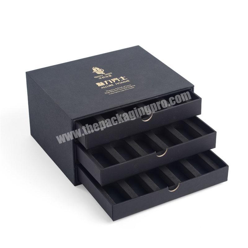 Custom Rigid Custom Black Cardboard Paper Drawer Gift Packaging Box with 3 Layers and Hot Foil Logo