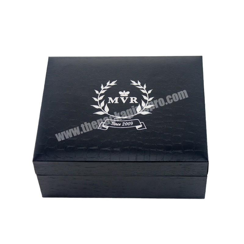 Custom Silver Foil Logo Luxury Black MDF Wooden Leather Perfume Glass Bottle Packaging Box Wine Gift Box