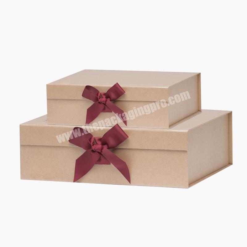 Custom size design natural kraft magnetic gift boxes with ribbon