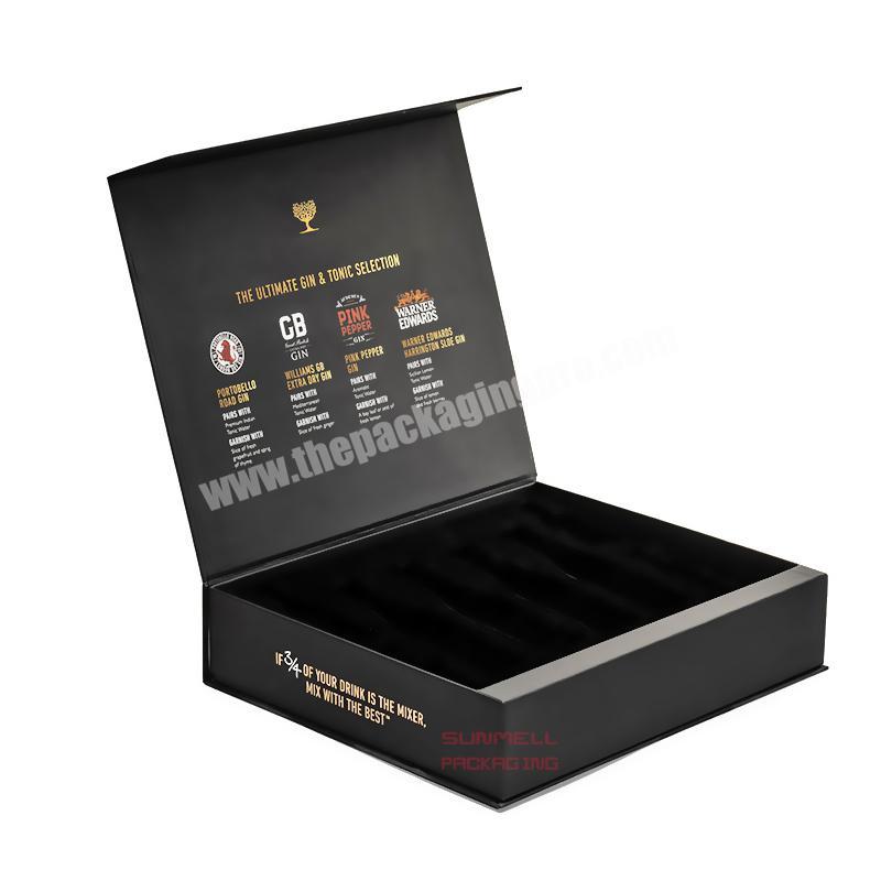 custom soft touch luxury black magnetic rigid cardboard book box with flocking tray for gin and tonic drink mixer pack