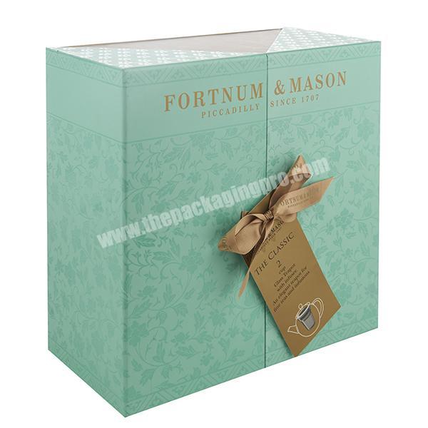 Custom tea pot gift box paper cardboard double lid packaging with ribbon