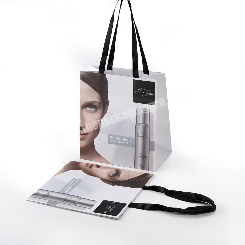 customization black satin ribbon handle branded paper bag for skincare product packing