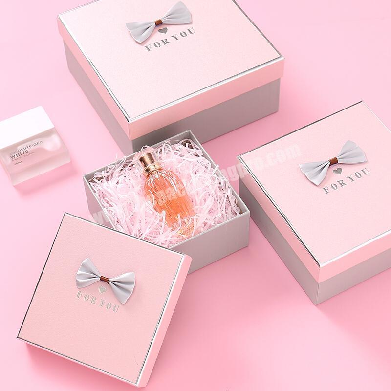 Customization gift size hot stamping pink color essential oil boxes pack silver plating packing perfume boxes with Bow