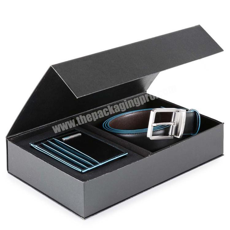 customize high quality elegant black matt lamination strong cardboard book shape folding belt and wallet sets paper boxes