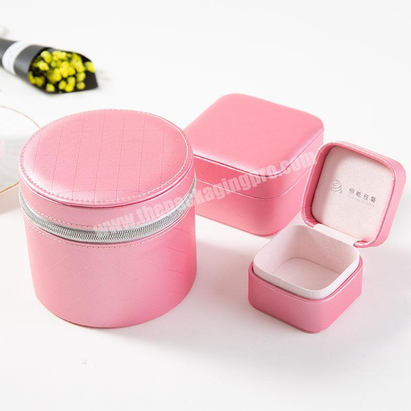 customize pink round PU Leather small Jewel Case Jewelry Packaging Gift Boxes with velvet packaging  Box for jewelry