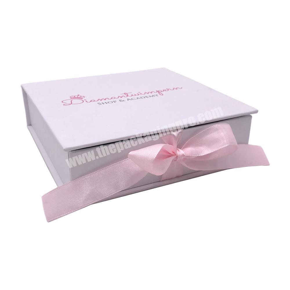 Customized cosmetic packaging rigid gift flat pack folding box with ribbon