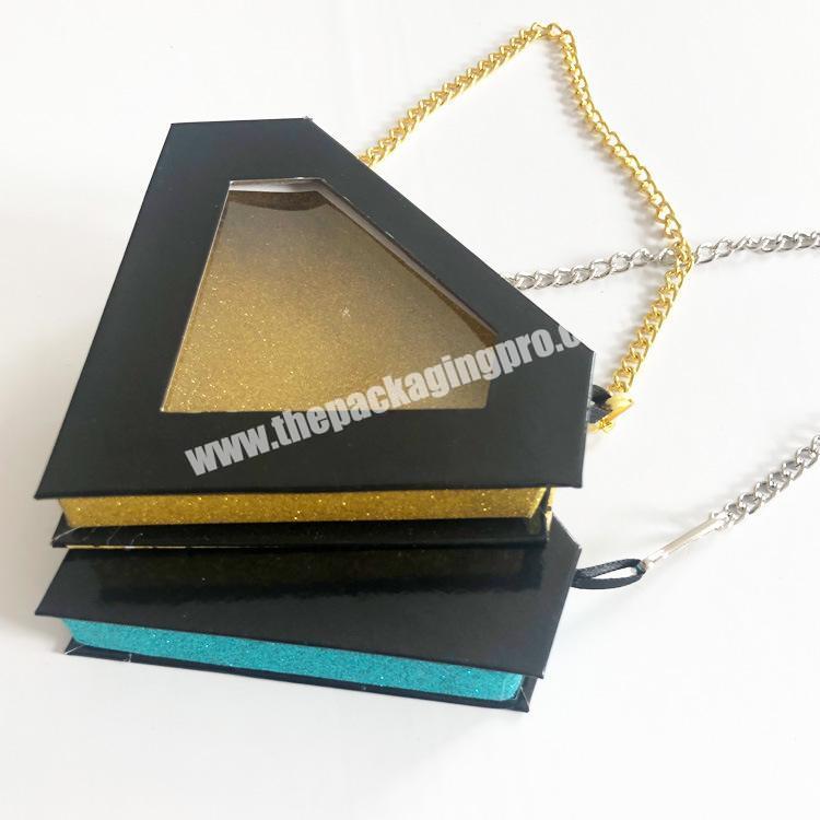 Customized creative special blue&black  glitter D- shape box  eyelash package box with silver gold chain