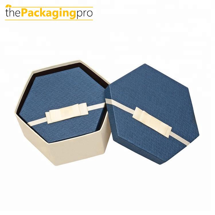 Customized designs durable hexagonal packaging box,recycled storage box,lid and base gift box with ribbon