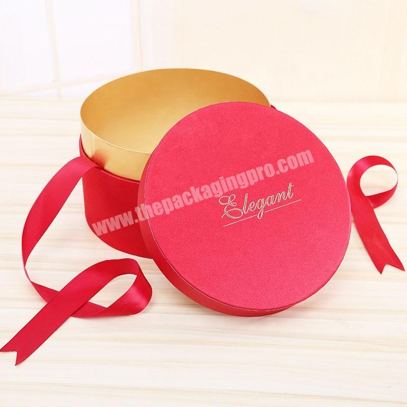 Customized Gold Foil Stamping Logo Red Color Recyclable Round Gift Cardboard Box With Ribbon Decoration