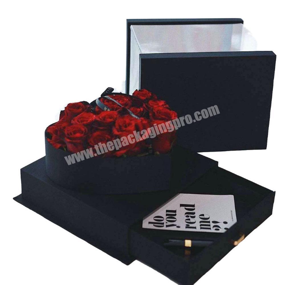Customized heart shape rose preserved pink black flowers packing paper box with pvc window