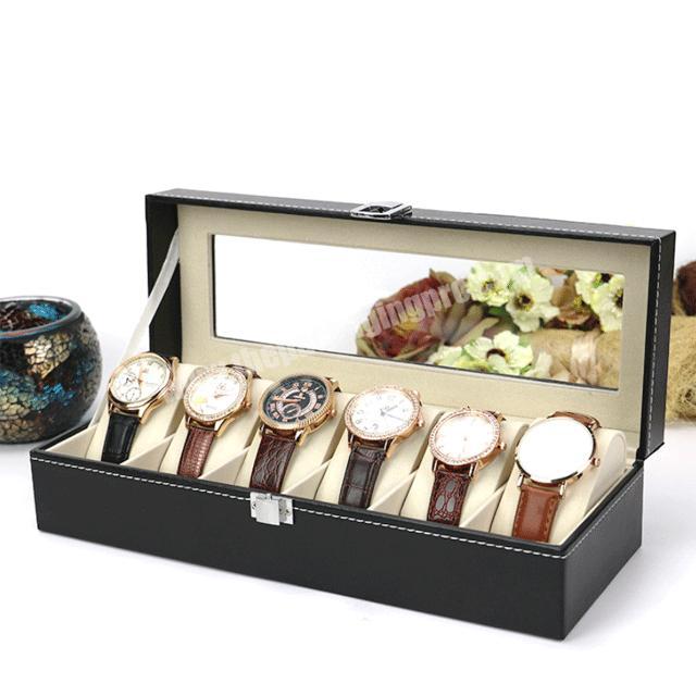 Customized High Quality Black 6 Slots Watches Storage PU Leather Watch Box with Glass Top