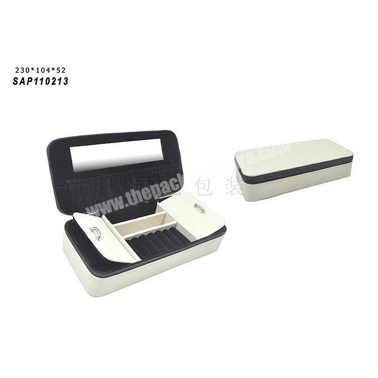 customized LOGO simple white  PU leather pro table rigid earring necklace black leather storage zipper  jewel box