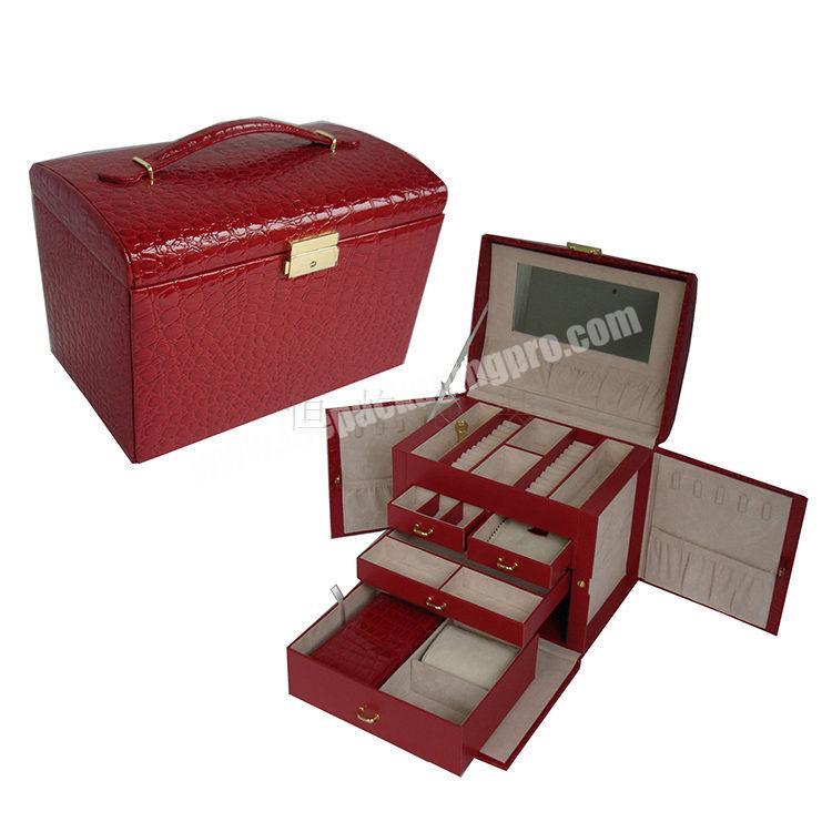 Customized logo travel jewelry case, Red PU leather velvet small leather organizer travel jewelry box