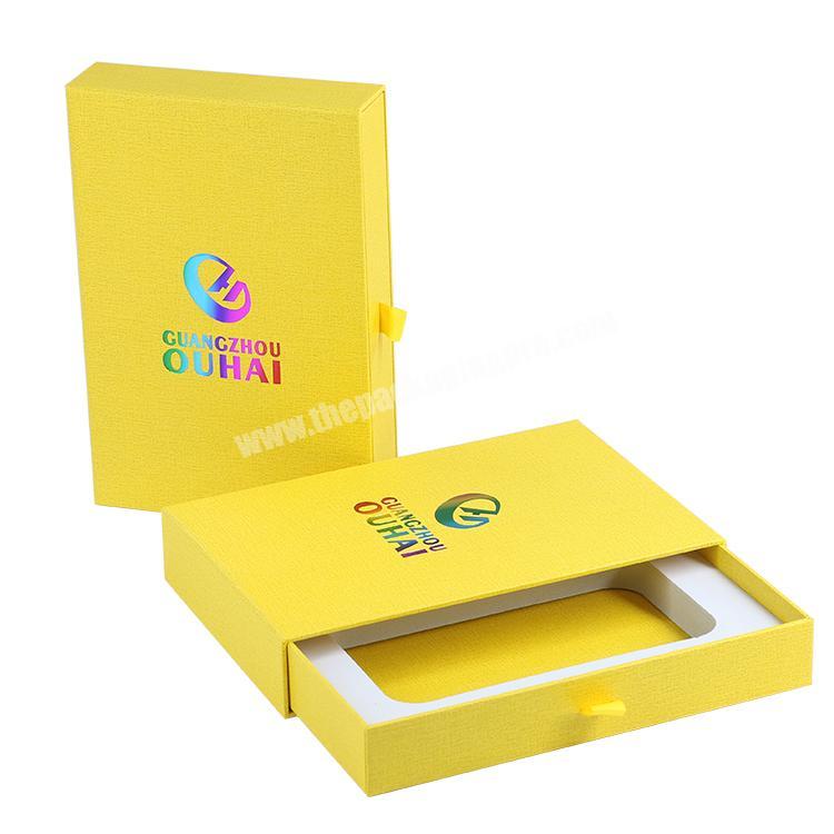 Customized luxury custom logo printed cardboard drawer structure yellow fancy paper wallet gift box with iridescence logo