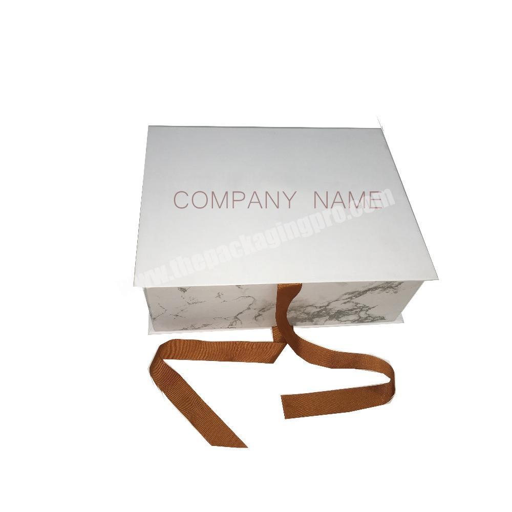 Customized marble design Packaging New Product Wholesale Custom White Magnetic Gift Boxes Fold Paper Box with ribbon tie
