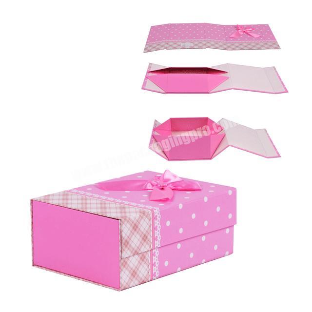 Customized OEM Magnetic Pink Print Paper Cardboard Foldable Packaging Gift Box with Ribbon