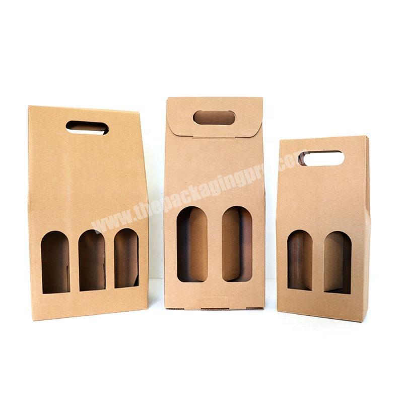 Customized Portable Nature Brown Corrugated Paperboard Three Bottles Wine Gift Packaging Boxes Bag With Window