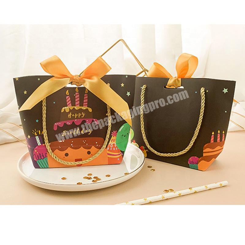 Customized Printed Matt Black Birthday Theme Design Kids Happy Birthday Paper Bag Party Favor Gift Packaging Bags With Bow Tie