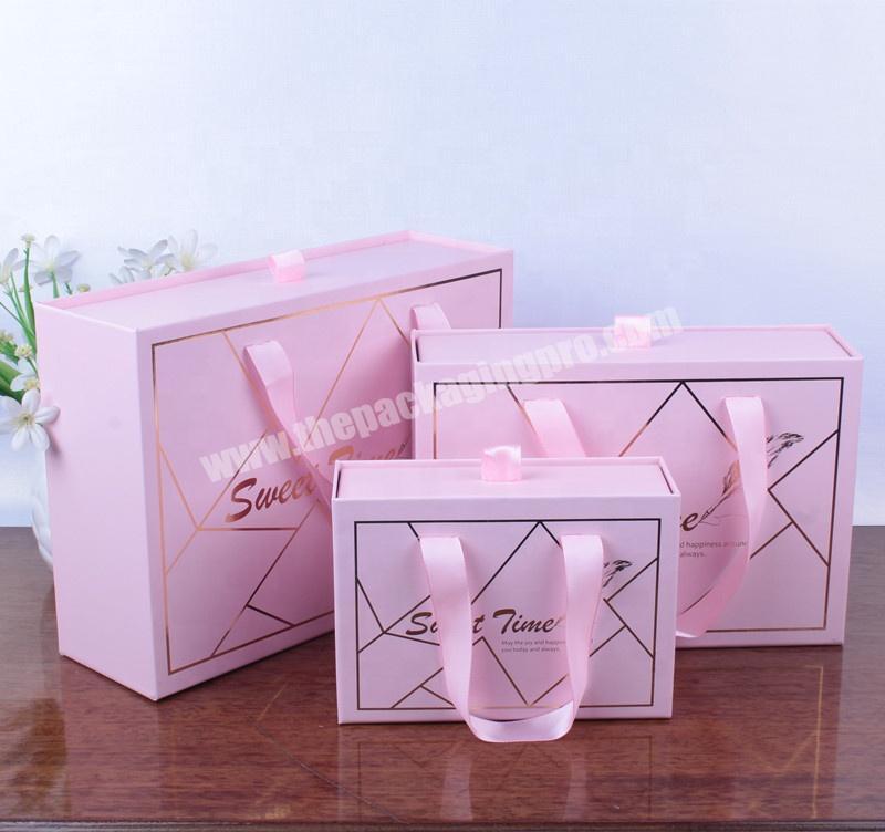 Customized Size High Quality Fashion Pink Small Sliding  Cardboard Gift Box With Ribbon Handle