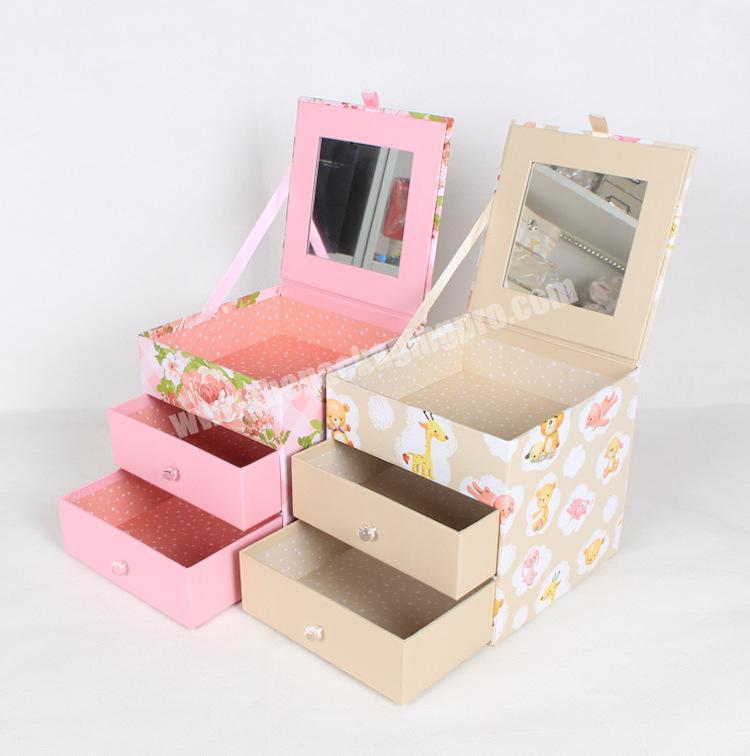Customized various style clamshell square with mirror drawer jewelry desktop storage paper packaging box
