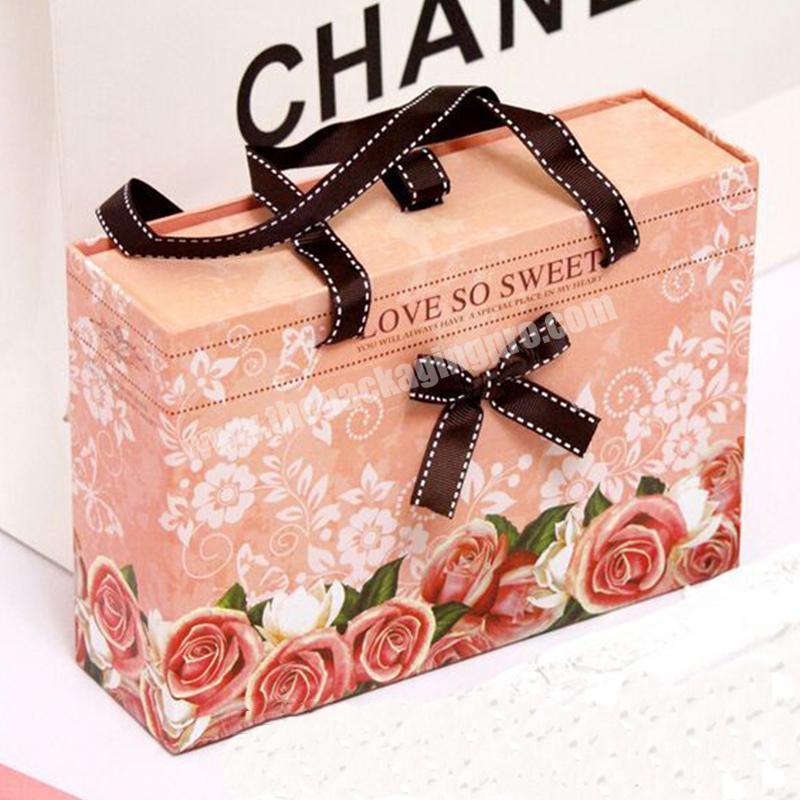Cute pink wedding rigid drawer fancy gift box with ribbon handle cardboard drawer gift box