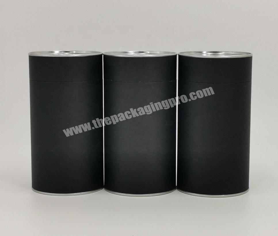 Cylinder Black Paper Tube Box with Silver Metal Tin End for Tea Packaging