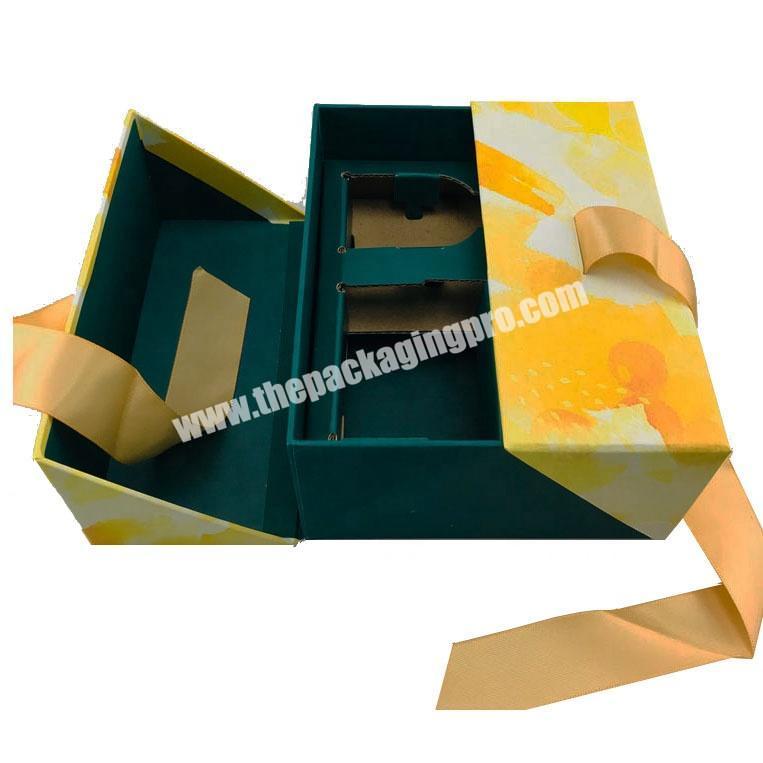 Decorative ribbon double door cardboard skin care box and flute paper inlay for beauty products