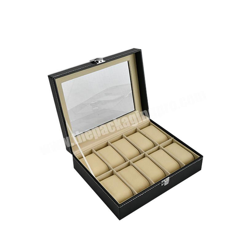 Display window large capacity 10 slots black luxury PU leather gift watch box for men's watch storage and packaging case