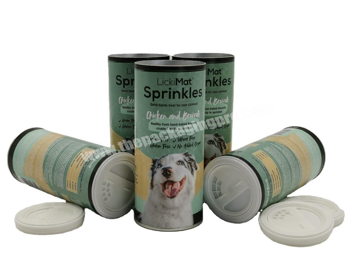 Dog Food Packaging Round Tube Aluminum Foil Liner Plastic Top Shaker Paper Kraft Cardboard Cans