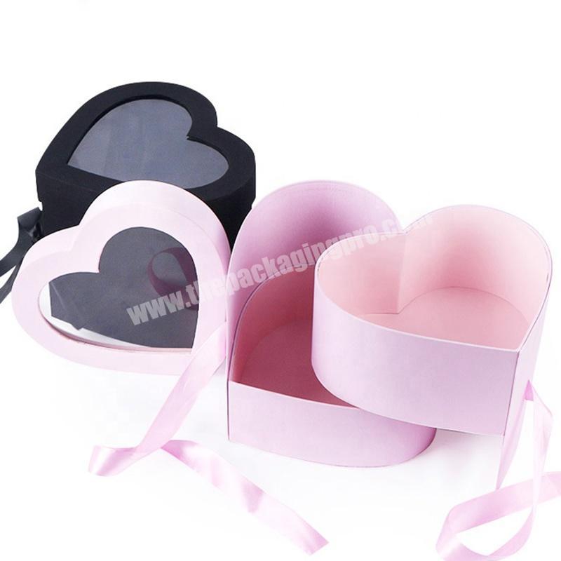 Double Layer Heart Shape Paper Cardboard Flower Packaging Box With Ribbon Handle