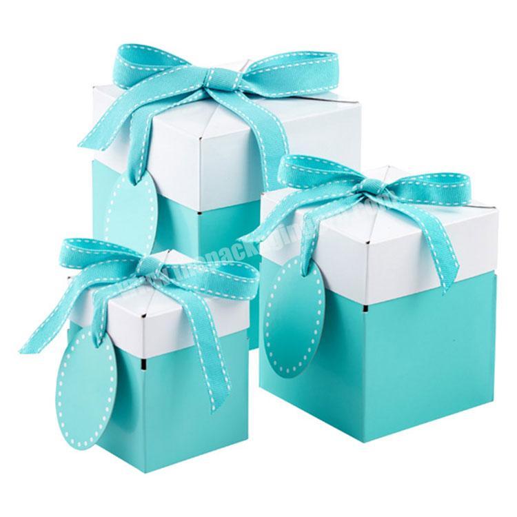 eco-friendly blue cardboard foldable mini gift box with ribbon