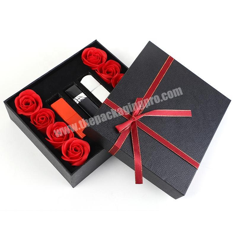 eco friendly customized luxury black cardboard cosmetic packaging gift boxes with bowknot