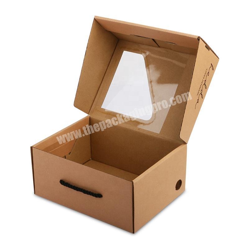 Eco friendly kraft shoe corrugated carton packaging box with transparent window and handle