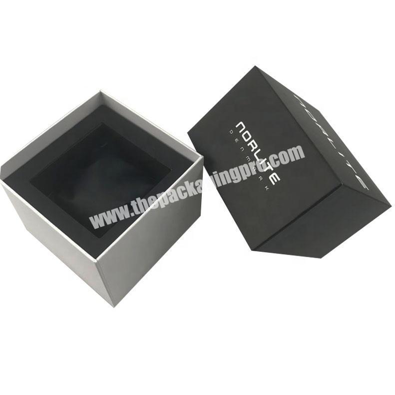 Eco-friendly rigid black top white bottom watch packaging box with inside wall and leather pillow