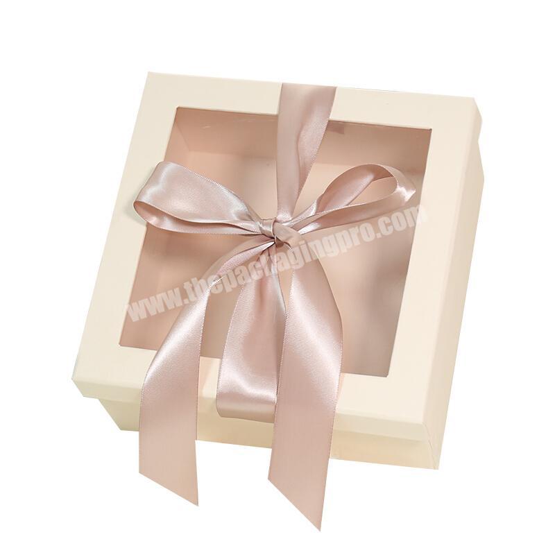 Elegant Square Ribbon Clear Window Nude Cardboard Paper Gift Packaging Box with shreded paper