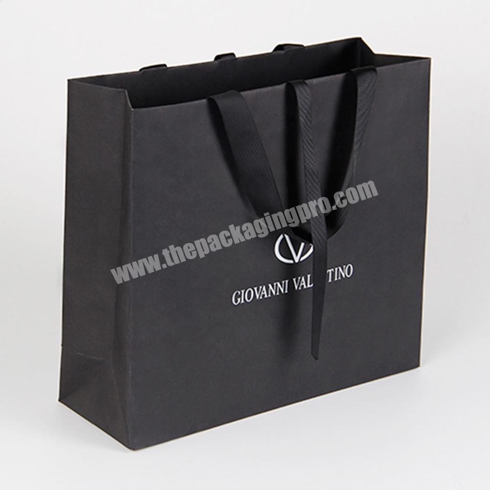 Embossing black cosmetic sample packaging paper bag  ribbon handle