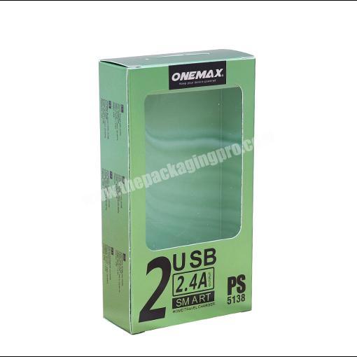 Factory wholesale Two USB charger green paperboard boxes UV coating cardboard packaging window opening paper box