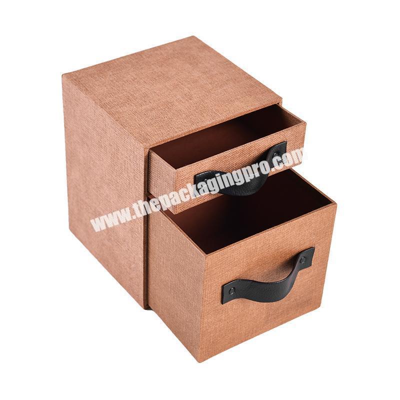 Fancy design special paper 2 layers drawer storage box with leather handle