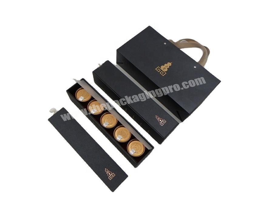Fancy Paper Stamping Tea Packaging Gift Box with Five Small Aluminum Paper Canisters and Carry Bag