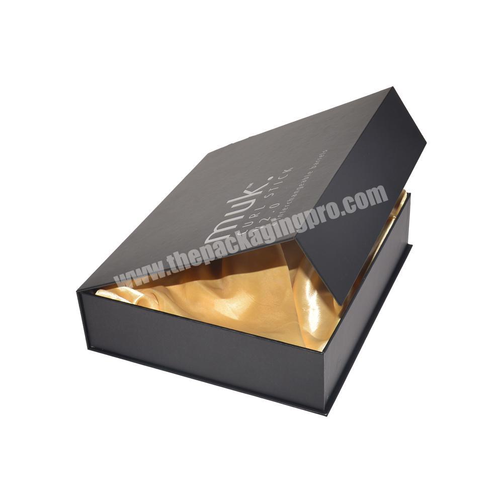 Fashion Hair Packaging Box for single bundle of hair, black magnetic with silk insert for wig packaging