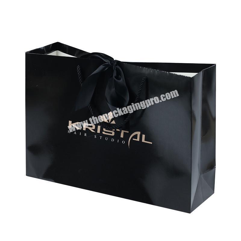 Fashion Style Custom Black Glossy Lamination Packaging  Gift Shopping PaperBag With Ribbon