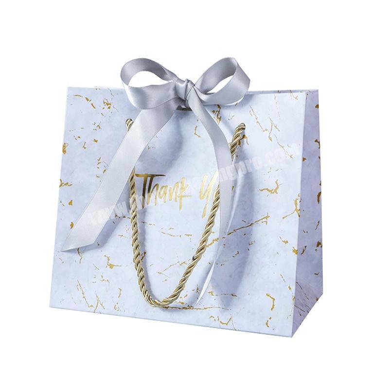 Fashion White Marble Design Custom Brand Logo Luxury Fancy Packaging Paper Ladies Shopping Bag With Ribbon Bow Tie