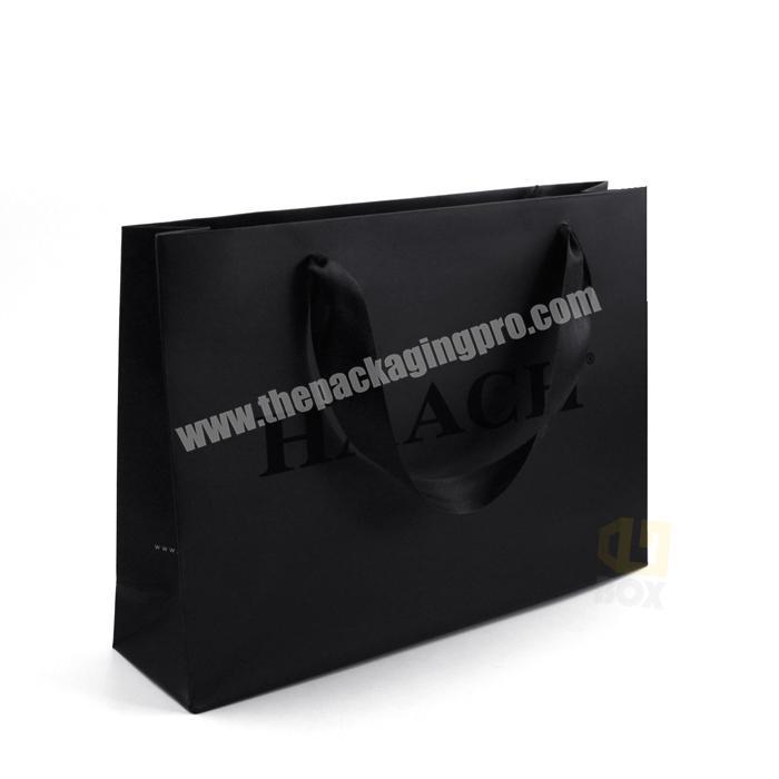 Flat Paper Gift Custom Made Boutique Folding Shopping Bag Black Paper Bag With Logo Print with Ribbon Handle