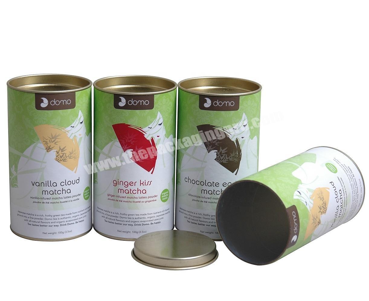 Flat Silver Tinplate Cover Matcha Tea Packaging Paper Canister with Food Grade Aluminum Foil Liner