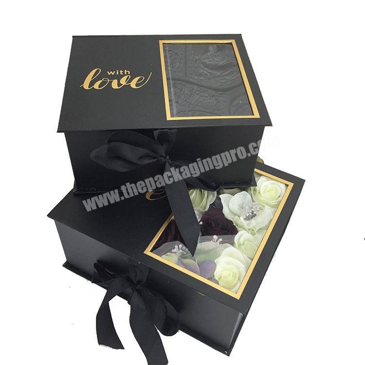 flower printing magnetic closure cardboard foldable packaging gift box with clear PET window
