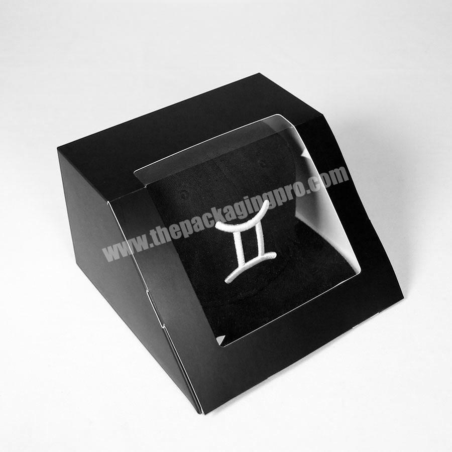 Foldable black baseball hat packaging box with clear window