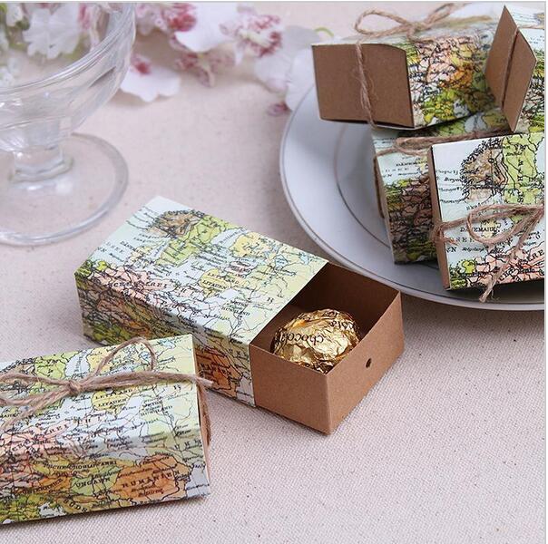 free shipping 500 Pcs/lot Free Shipping World map Wedding Favor Candy Boxes Gift Box Sugar Candy Box with Burlap