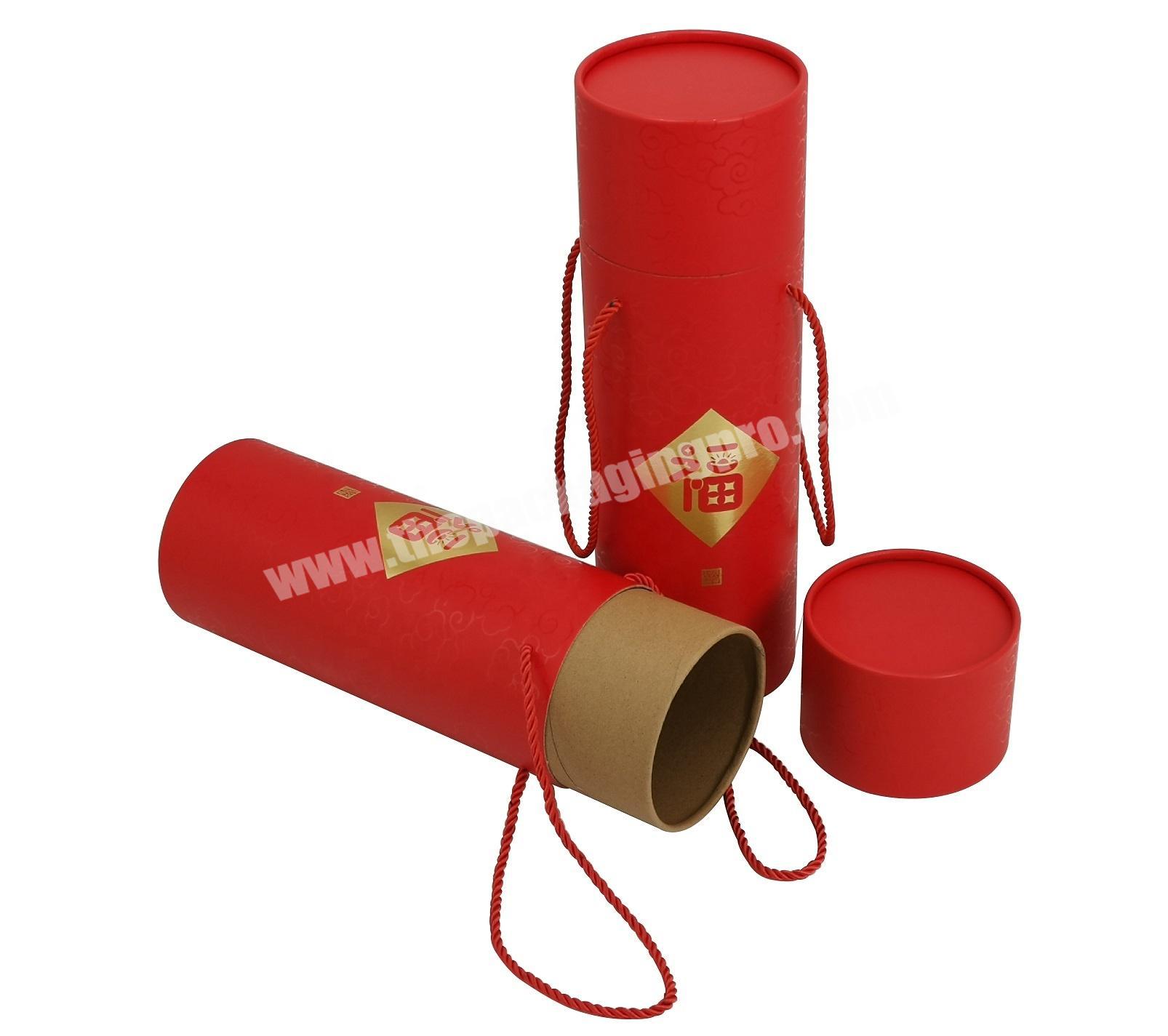 Glossy UV Varnishing Brown Kraft Cylinder Paper Rolled Edge Tube With Twisted Rope Handle