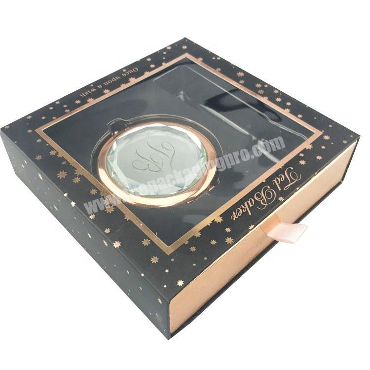 Gold card paper drawer design visible top  gift packing box for women and with masked blister