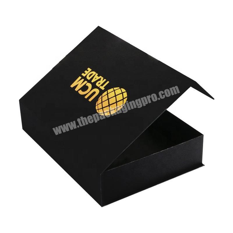 Gold foil logo flip lid open black gift box magnetic cardboard packaging custom